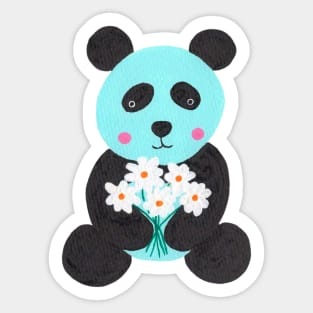 Blue panda holding flowers gouache painting Sticker